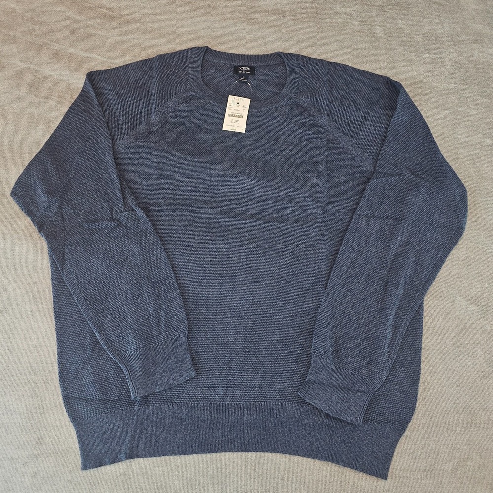 J.Crew Crewneck Sweater Men's Large Blue 100% Cotton Textured Raglan L CD617
